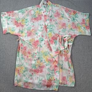 Morgan Taylor Intimates Robe Floral Vintage Size M/L Belted Short Sleeve Sheer